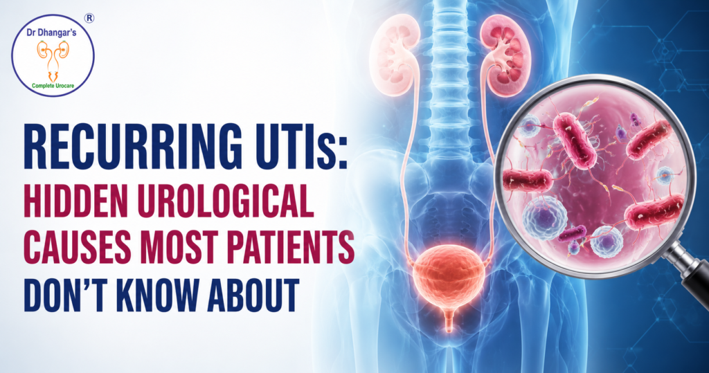 Recurring UTIs and hidden urological causes illustrated with kidneys, bladder, urinary tract, and bacteria.
