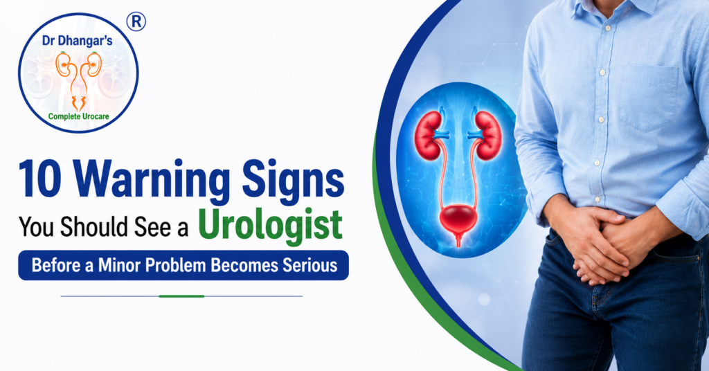 10 Warning Signs You Should See a Urologist Before a Minor Problem Becomes Serious blog banner featuring Dr. Dhangar's Complete Urocare logo, a urinary system illustration, and a patient experiencing lower abdominal discomfort.