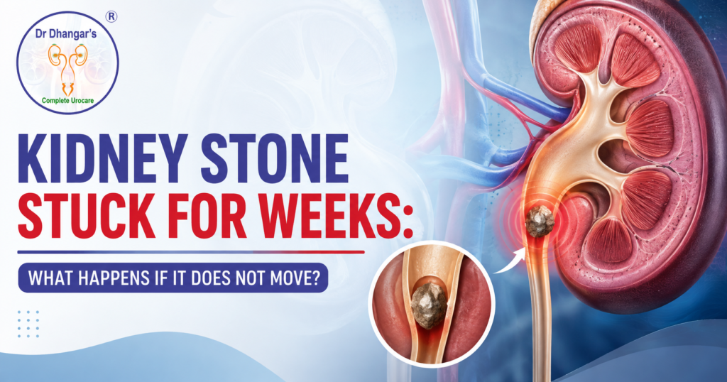 Medical illustration showing a kidney stone lodged in the urinary tract, representing a kidney stone that remains stuck for several weeks.