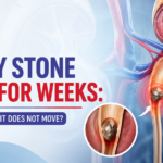 Medical illustration showing a kidney stone lodged in the urinary tract, representing a kidney stone that remains stuck for several weeks.