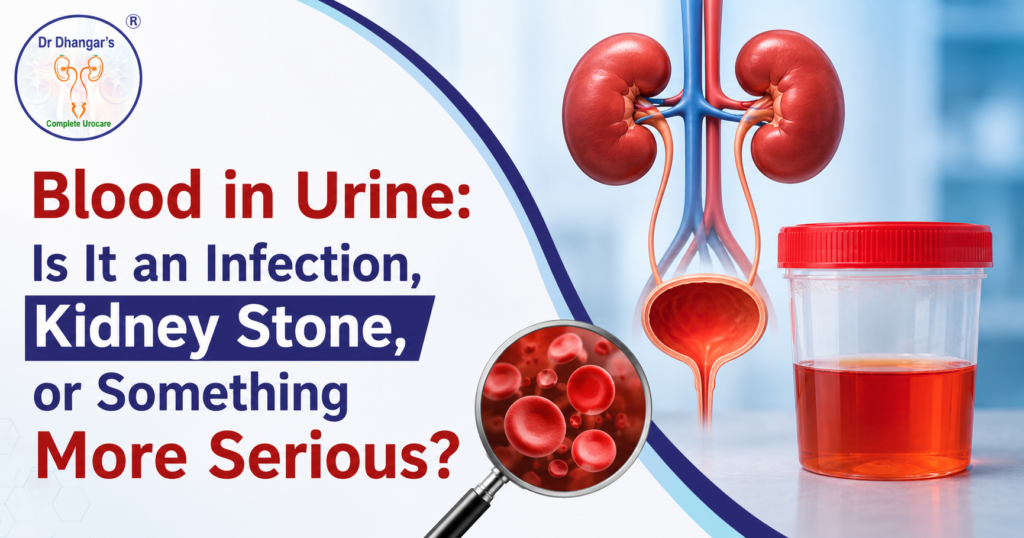 Blood in urine awareness banner featuring the topic "Blood in Urine: Is It an Infection, Kidney Stone, or Something More Serious?" with an illustration of the kidneys, urinary tract, kidney stone, urine sample, and Dr. Dhangar's Complete Urocare logo.