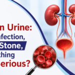 Blood in urine awareness banner featuring the topic "Blood in Urine: Is It an Infection, Kidney Stone, or Something More Serious?" with an illustration of the kidneys, urinary tract, kidney stone, urine sample, and Dr. Dhangar's Complete Urocare logo.