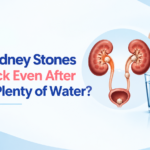 Medical illustration showing kidney stones inside the kidneys, a glass of water, and a person experiencing lower back pain.