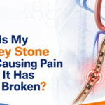 Kidney stone fragments in the ureter causing pain after stone treatment, with Dr Dhangar’s Complete Urocare logo.